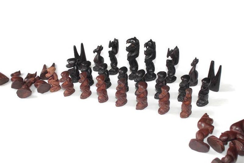 Monkey Chess Set Vintage African Animals Chess Pieces Set. Ebony + Mahogany Wood Art ...