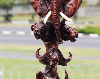 Ironwood smooth Carved lifelike Big Five heads art. Elephant, Lion, Leopard, Buffalo, Rhino heads on a fine Art Handcarved table decor piece