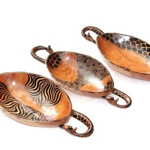 Giraffe Neck Handle Oval shaped Painted Teak wood Bowl table centerpiece. Zambian Handcarved African Art Decor gifts for Home and Office.