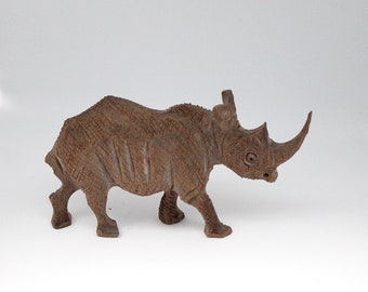 2 x Carved Iron Wood Rhino sculpture, Polished dark brown African interior decor. Handmade Animal figurines. Table Decor, Safari Animals Art