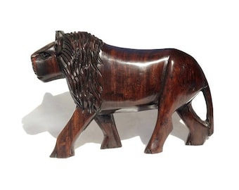 Smooth hand carved Ebony wood Lion Sculpture. Malawian style wooden lion figurines. Unique handcrafted African animals gifts. Ready to Ship