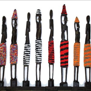 Standing African Masaai Couple wood Carved and Beaded figurines. Ebony wood man & women Sculpture with Colourful beads. Home/office decor