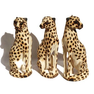 Family / Coalition of 3 Seating Cheetah Figurines. Jacaranda wood spotted hand carved Sculptures. African art Safari Decor. Express Shipping