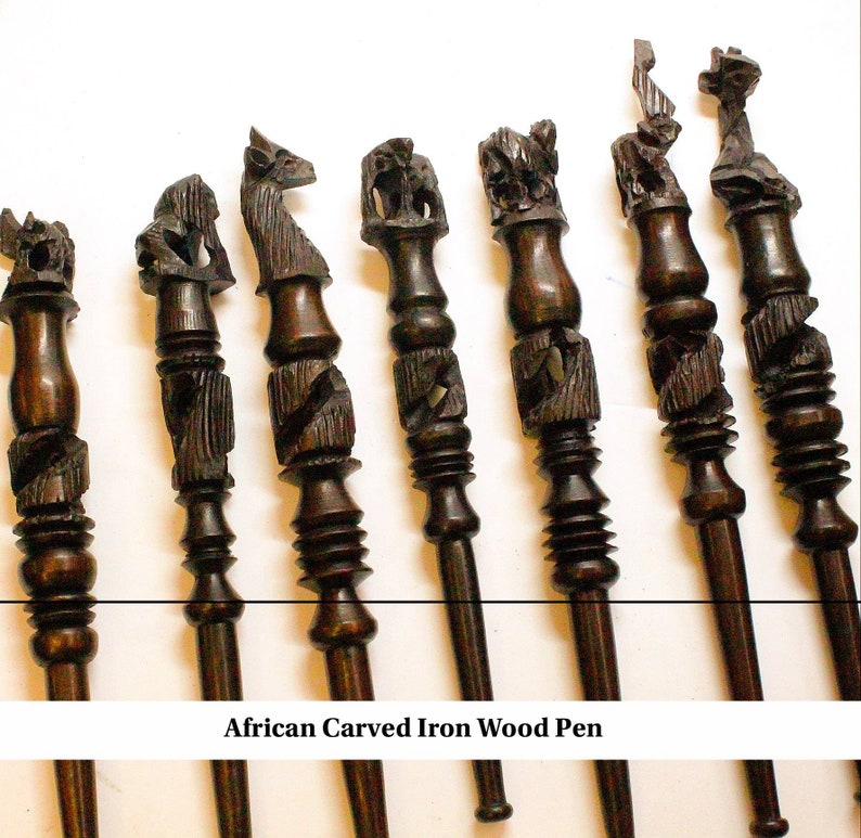 3 X Brown Hand carved Ebony WooPen with African animals. Lions, giraffe, Elephant, Eagle and more. Unique hard wood handmade Art from Malawi image 1