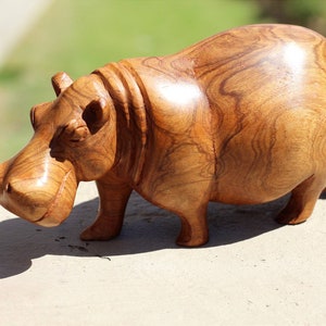 Olive wood Zimbabwean handcarved Hippo figurines. African Safari animals Art Decor. Handcrafted home/office decoration ready to ship gifts