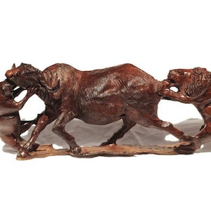 Ironwood Handcarved 2 Lions Attacking a Cape Buffalo Masterpiece. African Big 5 Interior Decor. Zimbabwean Art Sculpture/Gift, ready to Ship