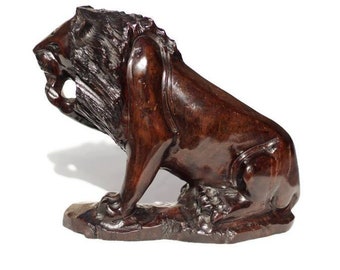 Fine Art Lion King Smooth carved Ironwood Masterpiece. Zimbabwean handmade Sitting Lifelike animal figurine. Detailed home/Office Decor Gift