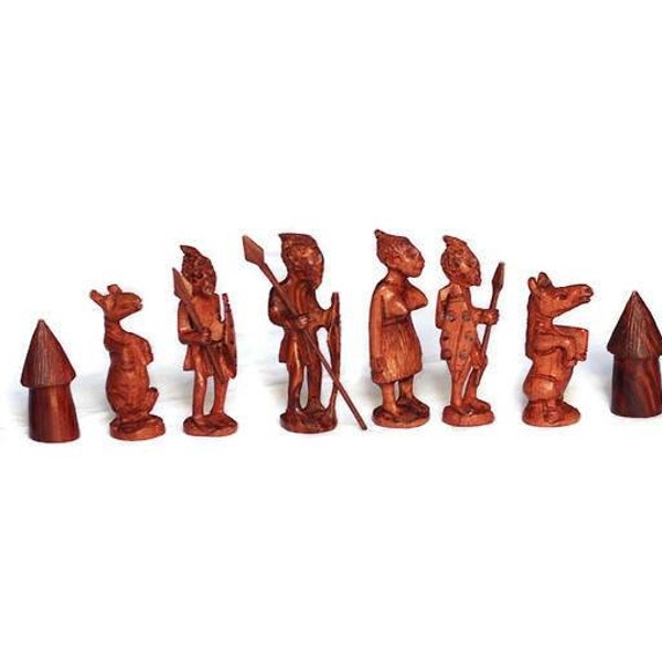 Zimbabwean handcarved Warriors Chess Set Art Masterpiece. Ebony and Mahogany Wood pieces. For play or decor, Ready to Ship Express Worldwide