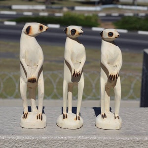Set of 3 Guarding Meerkats Olive wood figurines. Hand carved Mongoose/Suricate with base stand. Ready to ship Express gifts. Zimbabwean art