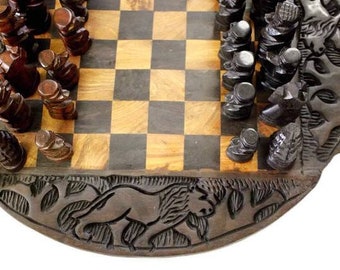 African Wood Carved Chess Board. Ebony and Iron Wood mix with Big Five Animals Carving Around. Decorative Gaming Boards. Black Brown Pieces