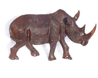 Lifelike fully detailed Ironwood Rhino Figurine. Handcarved rough skin walking animal art sculpture. Home and Office Decor Express Shipping