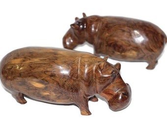 Tanzanian Masterpiece Ironwood Hippo figurines. Smooth wooden Safari sculptures. Unique handcrafted African Art Express Shipping Worldwide
