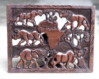 ヴィンテージ手彫りザンビア地図、アフリカのビッグファイブ野生動物