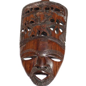 Máscara de Madera de Hierro tallada a mano con Mapa Africano y Cinco Grandes Animales. Decoración interior de madera tapices tribales. Regalos de arte navideño con máscara marrón