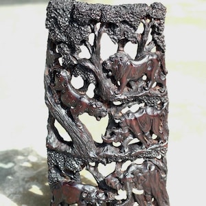 Iron Wood African Big 5 under trees hand carved panel. Table top self standing Decor gift. Dark Brown polished Zimbabwe Handcarved Art