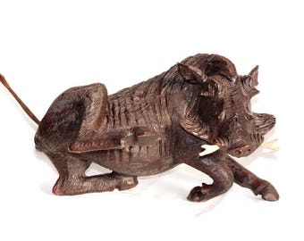 Fine Art Dark Brown Scratching Warthog Figurine. Fully detailed realistic lifelike Wooden Sculpture. Zimbabwean handcarved home/office decor