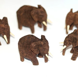 May include: Five small wooden elephant figurines with ivory tusks. The elephants are all facing the same direction and are arranged in a semi-circle.
