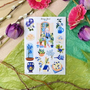 Feuille d'autocollants Sticker carnet bleu Sticker agenda Sticker floral Sticker scrapbooking Fleuriste printemps Sticker décoratif