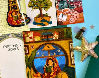 Carta de diciembre del Sky Tree Mail Club con postal artística, pegatinas y cartas sinceras