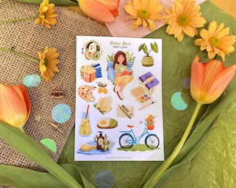 Pode incluir: Uma folha de adesivos com tema de autocuidado, com ilustrações de uma pessoa lendo, fones de ouvido, pipoca, um gato e uma bicicleta azul com uma cesta de flores. A folha é cercada por tulipas laranjas e flores amarelas.