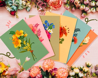 A Set of Flower Bouqets Post Cards - Post Card Size - Art Print - Botanical Post Card - Postkarten - Floral Art Prints - Mothers Day Cards