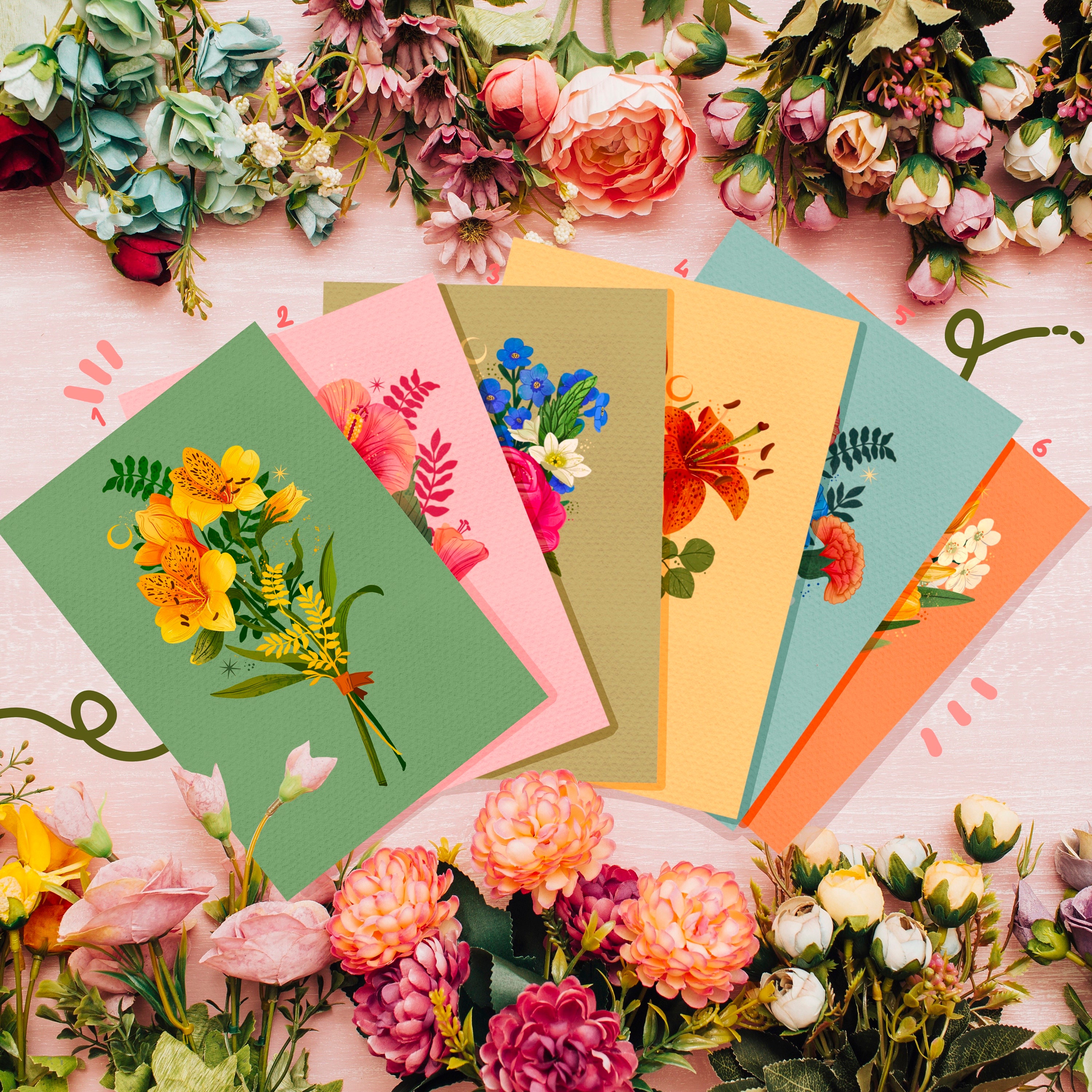 A Set of Flower Bouqets Post Cards - Post Card Size - Art Print ...