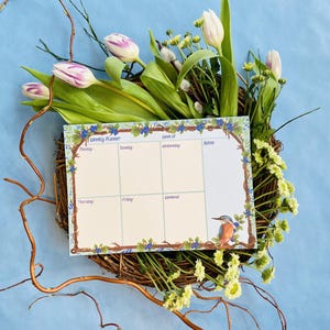 Op de afbeelding: Een weekplanner met een bloemige rand en een vogel illustratie. De planner heeft ruimte voor elke dag van de week, van maandag tot zondag.