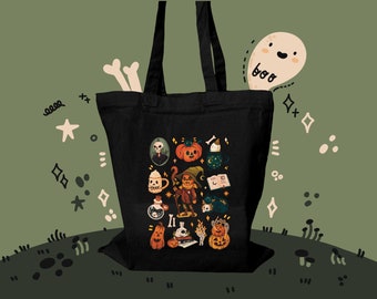 Sac fourre-tout 100 % coton - Motif Halloween - Sac à bandoulière- Sac d’épicerie- Sac en toile de coton - Sac durable - Sac d’école