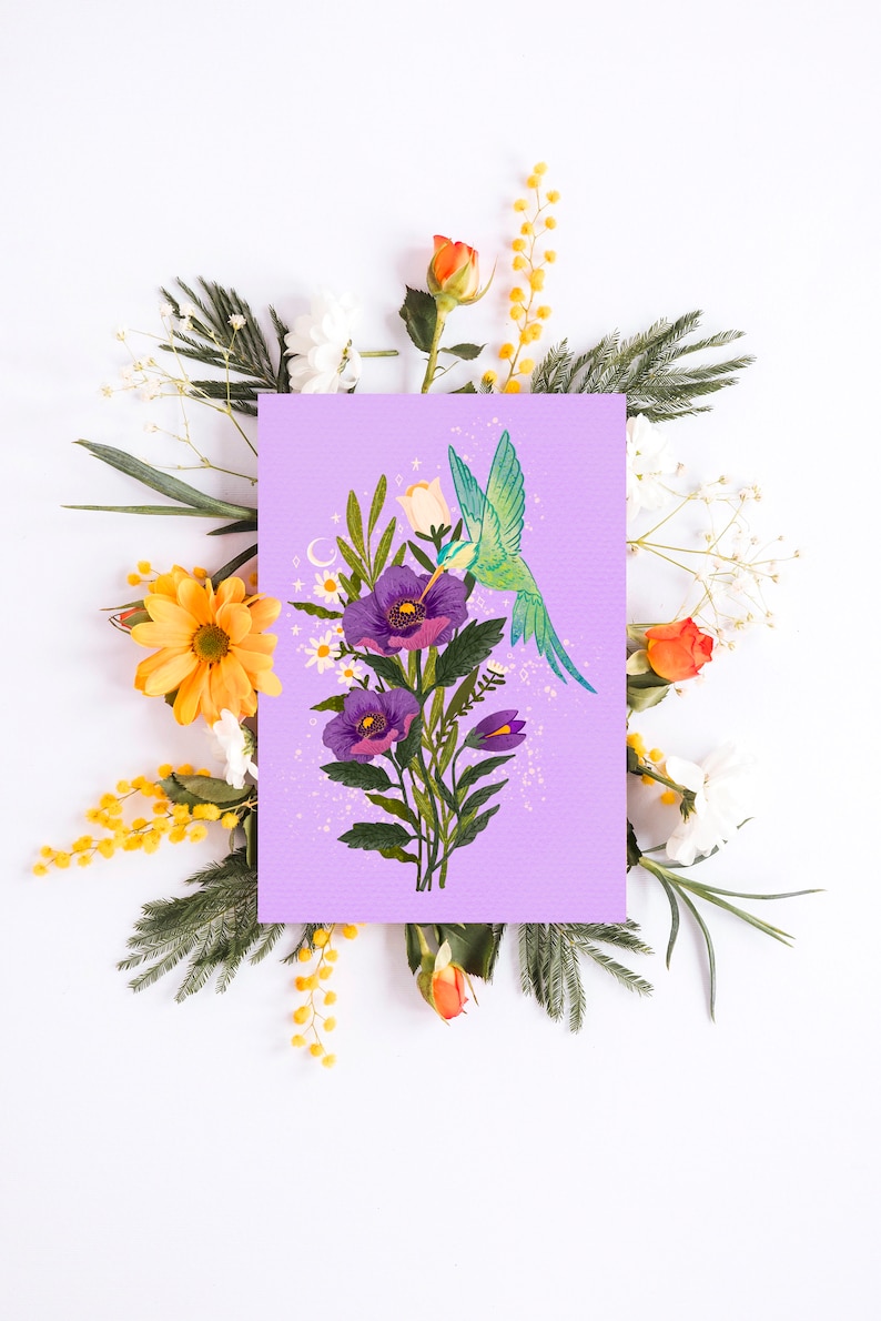 A Set of Floral Post Cards Post Card Size Art Print Botanical Post Card Postkarten Floral Art Prints Mothers Day Cards Humming Bird