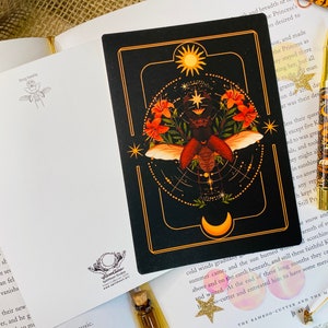 May include: A black and gold tarot card with a detailed illustration of a beetle with wings spread, surrounded by flowers and a celestial design. The card features a sun and moon in the corners.