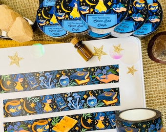 May include: A set of six rolls of washi tape featuring a moon, stars, and a girl with a book. The tape is black with gold accents and has the text "Space Bird Crafts" on it.