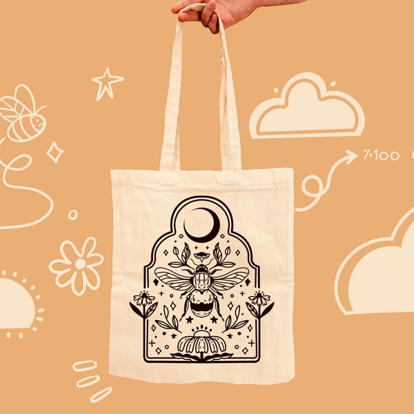 Tote Bag 100 % Cotton -Beehive Motive - Shoulder bag- Grocery Bag- Cotton Canvas Bag - Sustainable Bag - School Bag