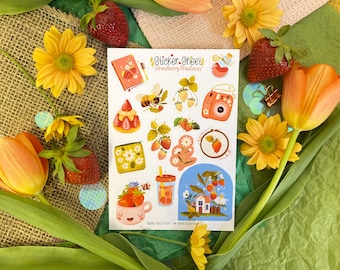 May include: A sticker sheet with a strawberry theme. The sheet features illustrations of strawberries, a bee, a house, a cup of strawberries, a jar of strawberry juice, a camera, a purse, and a strawberry dessert. The text on the sheet reads "Sticker Sheet Strawberry Madness".
