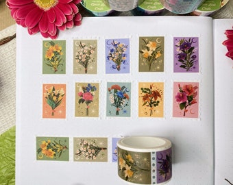 Flower Bouquet Stamp Washi Tape Paper Tape Decorative Tape  Flower Washi Tape Scrapbook Decoration for Journal Tape Easy Tear Paper Tape