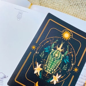May include: A black and gold illustrated card with a green and yellow beetle, flowers, a crescent moon, and a sun. The text "Mecynorhina polyphemus" is at the top of the card.