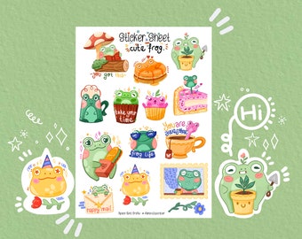 Sticker Sheet - Cute Frog - Journal Stickers - Planner Sticker - Floral Sticker - Scrapbook Sticker - Flower Sticker - Frog Stickers