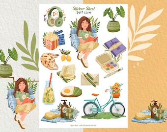Pode incluir: Uma folha de adesivos com ilustrações de atividades de autocuidado, como ler, ouvir música, manter um diário, pintar e andar de bicicleta. A folha de adesivos tem um fundo azul claro e usa uma variedade de cores, incluindo verde, amarelo, marrom e azul.