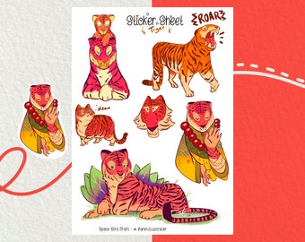 Puede incluir: Una hoja de pegatinas con varias ilustraciones de tigres en diferentes poses y atuendos. La hoja incluye un tigre con una cría, un tigre meditando, un tigre rugiendo y un tigre con una corona. El texto "Sticker Sheet" y "Tiger" está incluido en la hoja. El texto "Roar" está escrito en una fuente estilizada.
