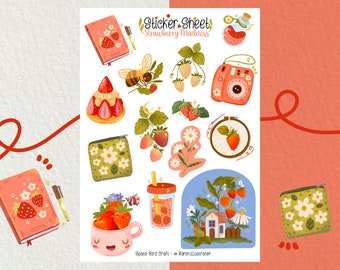 Sticker Sheet - Strawberry - Journal Stickers - Planner Stickers - Decorative Stickers - Scrapbooking Stickers - Gardening - Summer  Flowers