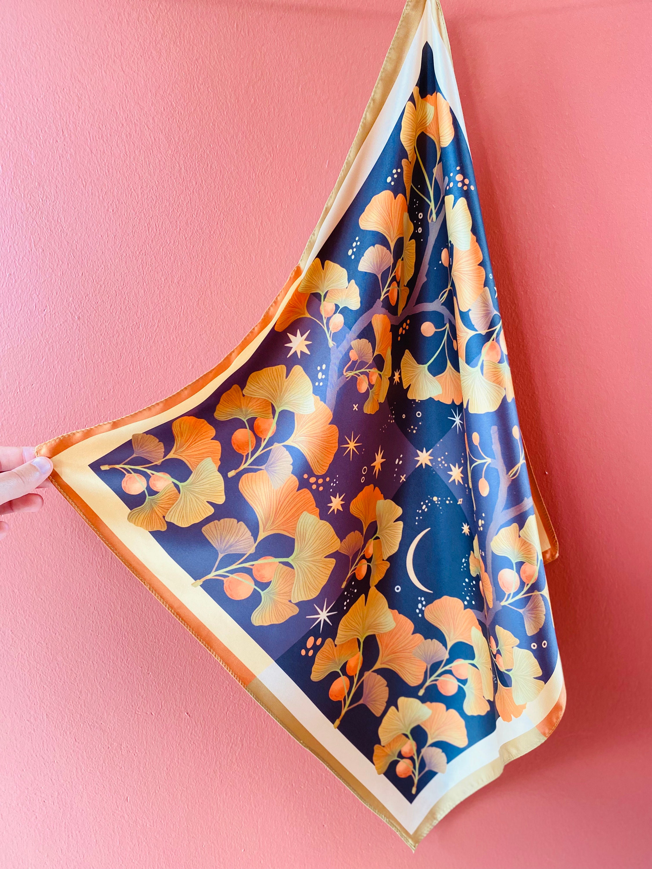 Golden Ginko Motive Scarf Women's scarf Holiday Gift Fashion Scarf Headband Bag Accessory Beauty Schawl Turban Scarf Gift for Her Bandana