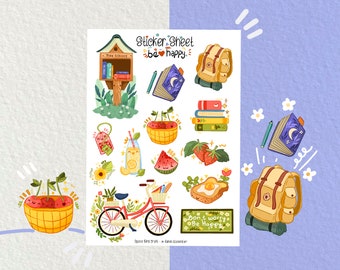 May include: A sticker sheet with a whimsical theme featuring illustrations of a tiny library, a backpack, a book, a basket of cherries, a watermelon, strawberries, a bicycle, a slice of toast with an egg, and a sign that says "Don't worry, be happy".