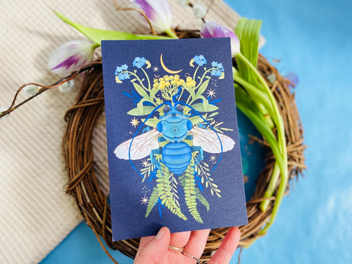 A Set of Bee Art Prints for Wall A6 Sized Post Card Artprint Botanical ...