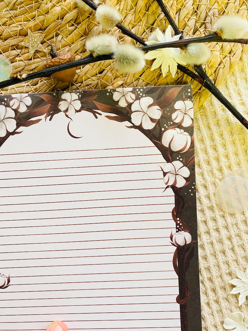 Pu&ograve; includere: Carta da lettere a righe con un bordo floreale di fiori di cotone bianchi e steli marroni. La carta ha uno sfondo bianco con linee orizzontali marroni. Il bordo &egrave; marrone scuro con punti bianchi.