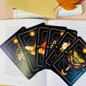 Peut inclure: Un jeu de six cartes de tarot noires avec des accents dor&eacute;s et des illustrations d'insectes, de fleurs et de corps c&eacute;lestes. Les cartes sont dispos&eacute;es en &eacute;ventail sur un livre.