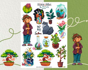 May include: A sticker sheet featuring various plant-themed illustrations. Designs include a cat, bonsai trees, cacti, flowers in vases, and a terrarium with a turtle. The text "Sticker Sheet Plant Mama" is at the top.