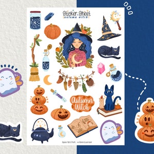 Feuille d'autocollants Stickers de journalisation sorcière d'automne Stickers agenda Stickers décoratifs Stickers scrapbooking sorcière magique d'automne