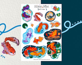 Sticker Sheet - Koi Fish - Japanese Fish - Journal Stickers - Planner Sticker - Floral Sticker - Scrapbook Sticker - Mystic Sticker