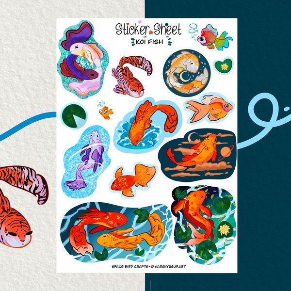 Sticker Sheet - Koi Fish - Japanese Fish - Journal Stickers - Planner Sticker - Floral Sticker - Scrapbook Sticker - Mystic Sticker