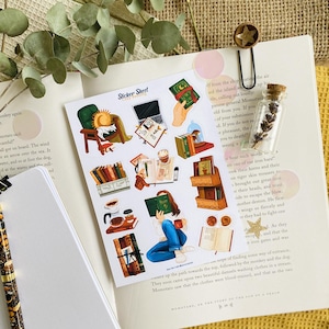 Sticker Sheet gemütlich Lektüre Journaling Planer Sticker gemütlich Scrapbook Sticker Bücherwurm Geschenk für Buchliebhaber Sticker Frühstück Sticker Kaffee