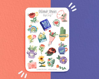 Pode incluir: Uma folha de adesivos com tema primaveril que apresenta uma variedade de ilustrações coloridas, incluindo flores, plantas, uma joaninha, um livro e um envelope. A folha é intitulada "Sticker Sheet Spring".